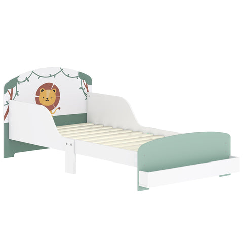 White and mint green aiyaplay toddler bed with lion design headboard storage and guardrails for kids 3 to 8 years