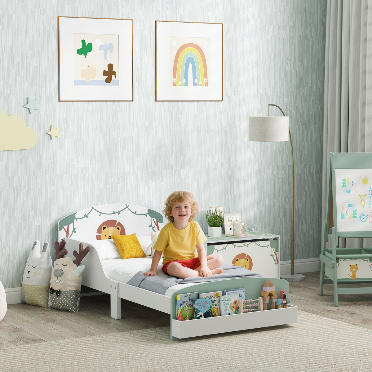 White wooden aiyaplay toddler bed with lion vine design and built-in storage drawer fits 140 x 70cm mattress
