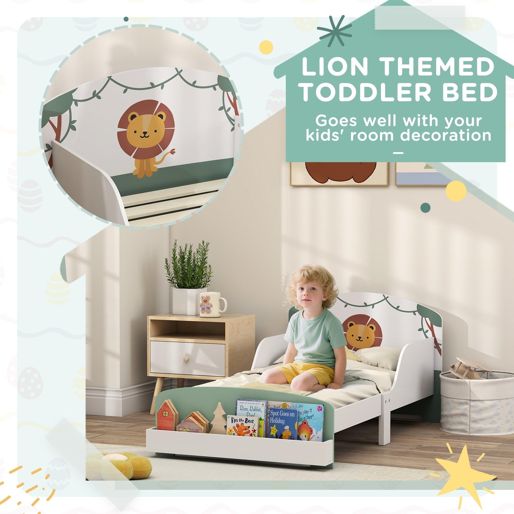 White aiyaplay toddler bed with lion design, green guardrails, and mint green storage tray for ages 3-8 years