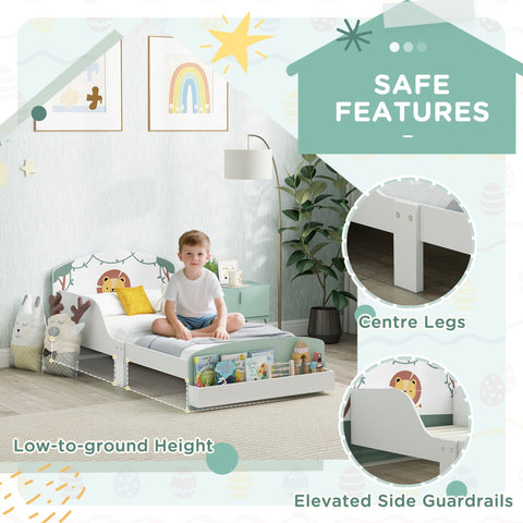 White wooden aiyaplay toddler bed with lion headboard and guardrails fits 140x70cm mattress for ages 3-8 years