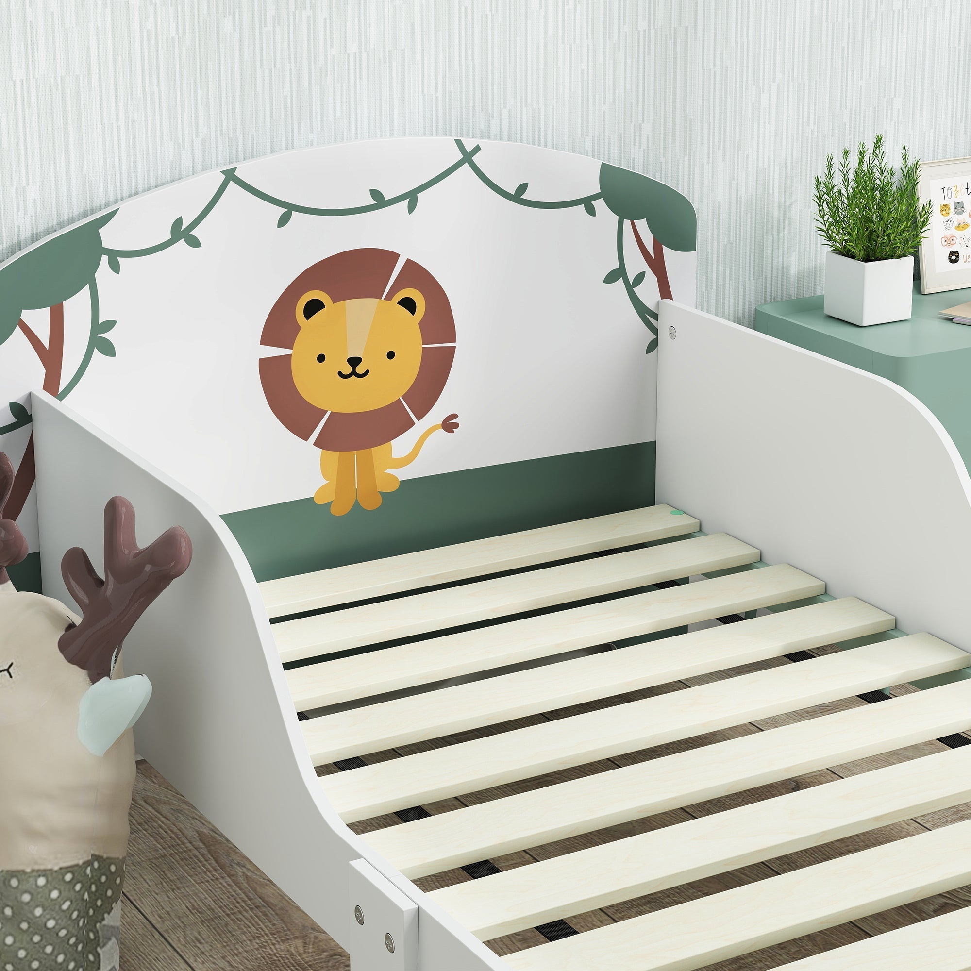 White aiyaplay toddler bed with lion design headboard green vine accents and guardrails fits 140 x 70cm mattress