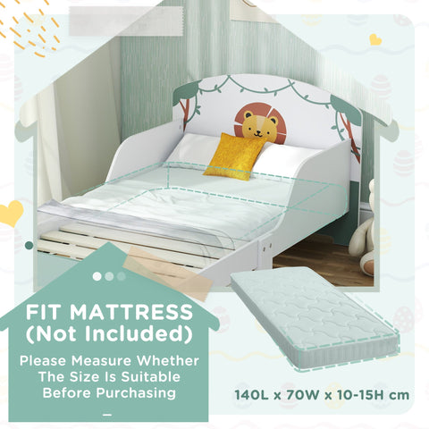Aiyaplay toddler bed in white with lion design headboard and built-in guardrails for ages 3-8 years