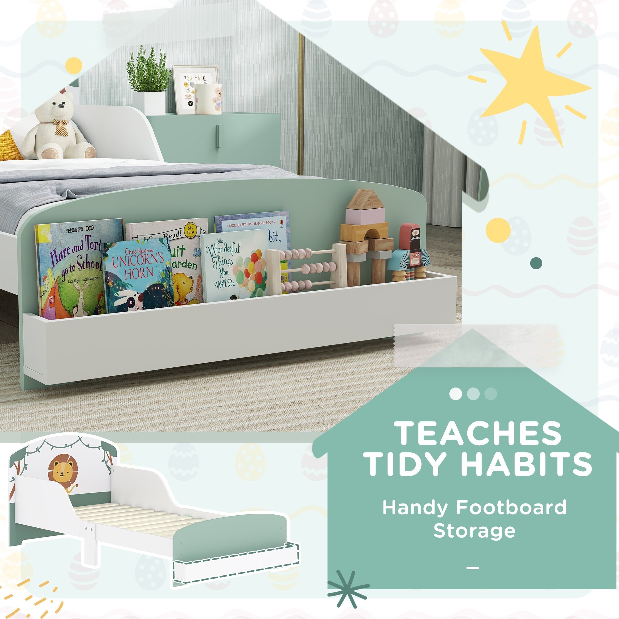 A mint green and white aiyaplay toddler bed with guardrails and built-in storage footboard for books and toys