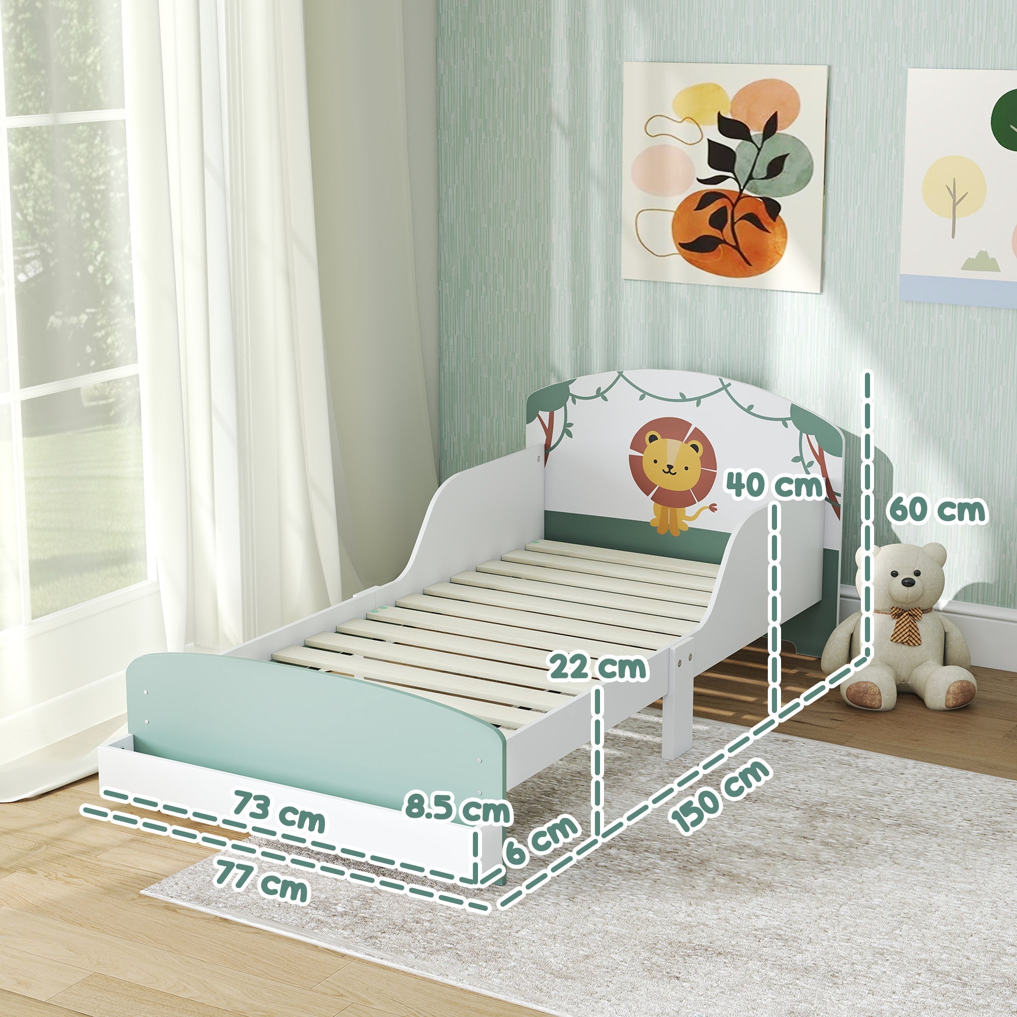 White aiyaplay toddler bed with lion headboard light blue footboard wooden slats fits 140 x 70cm mattress