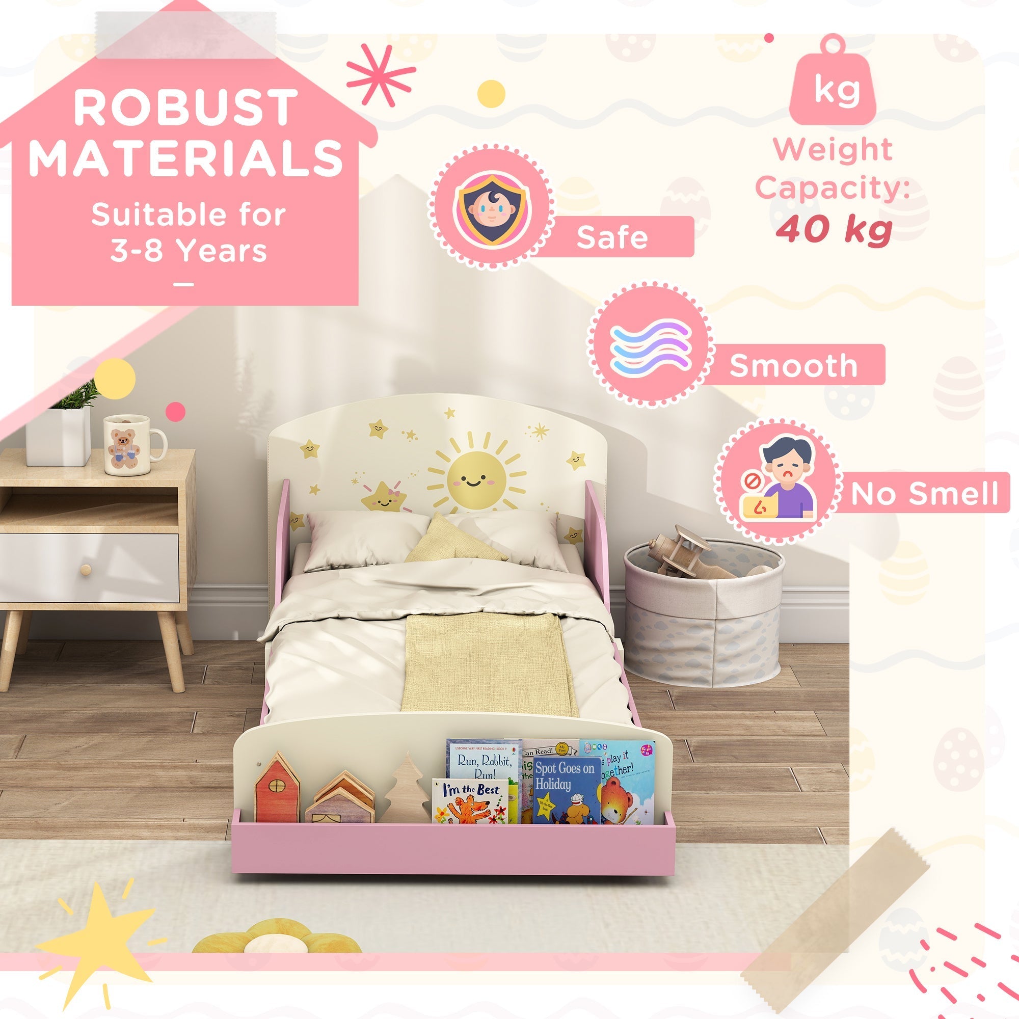 Pink and white aiyaplay toddler bed with sun-themed headboard wooden frame and built-in bookshelf for ages 3-8 years
