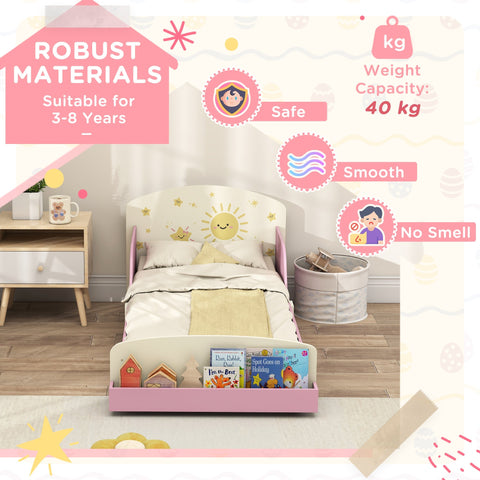 Pink and white aiyaplay toddler bed with sun-themed headboard wooden frame and built-in bookshelf for ages 3-8 years