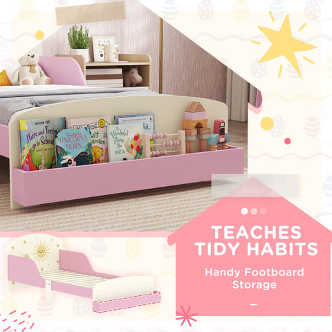 Pink aiyaplay toddler bed with built-in storage footboard holding books and toys fits 140 x 70cm mattress