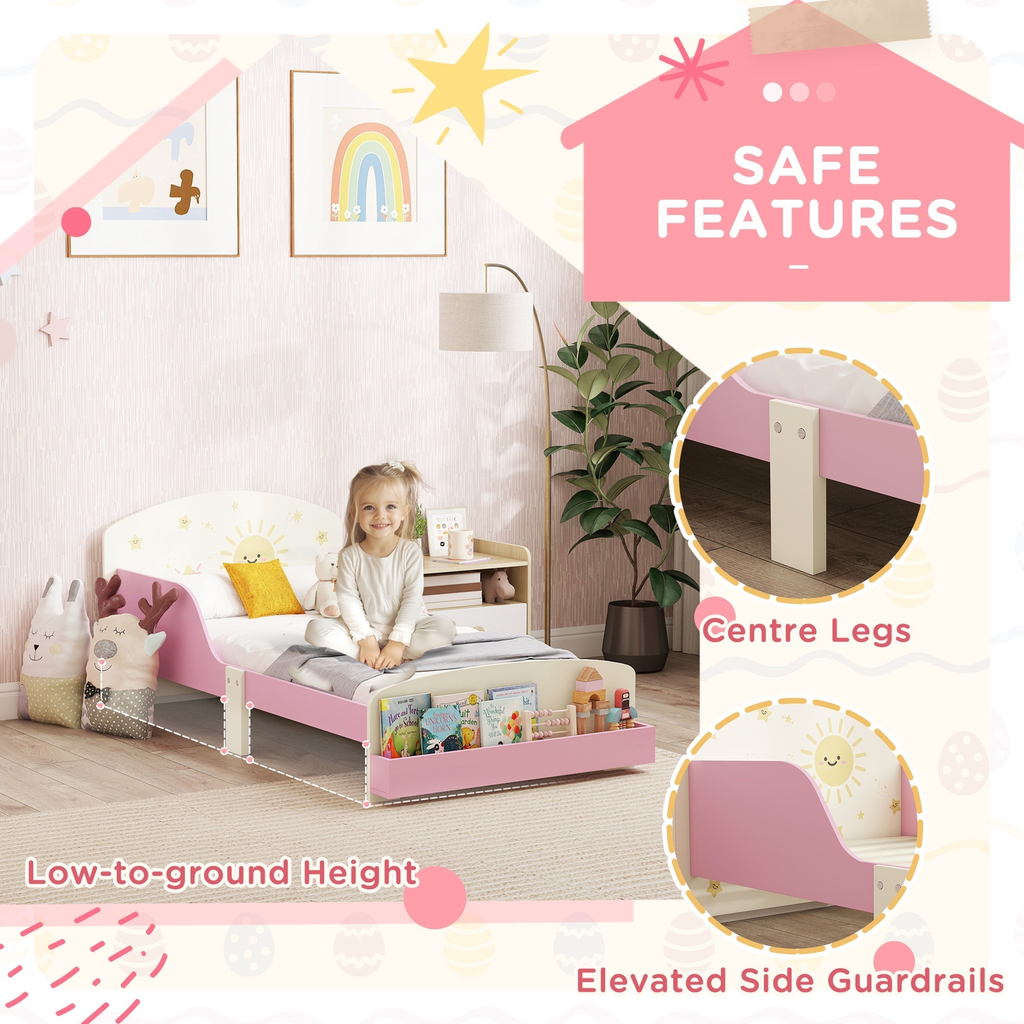 Pink aiyaplay toddler bed with white headboard sun flower decals guardrails low height fits 140x70cm mattress