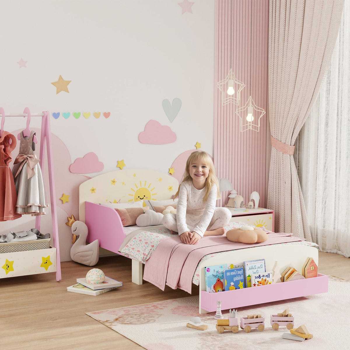 Pink wooden aiyaplay toddler bed with sun design and built-in storage drawers fits 140 x 70cm mattress