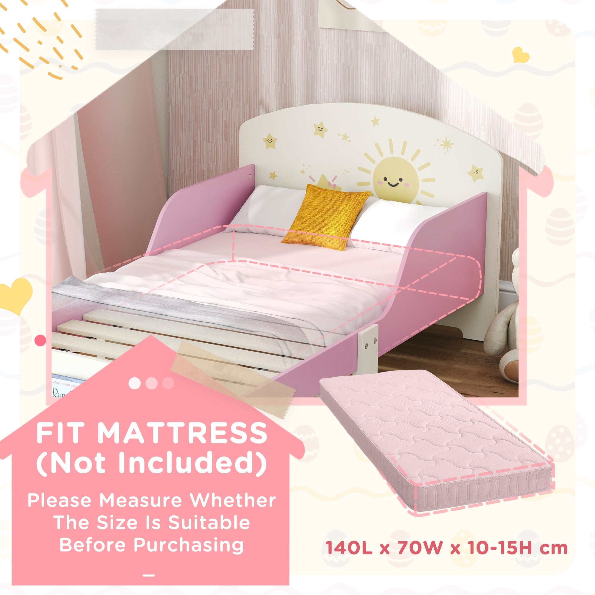 Pink aiyaplay toddler bed with white headboard featuring sun and star decals fits 140 x 70cm mattress for ages 3-8 years