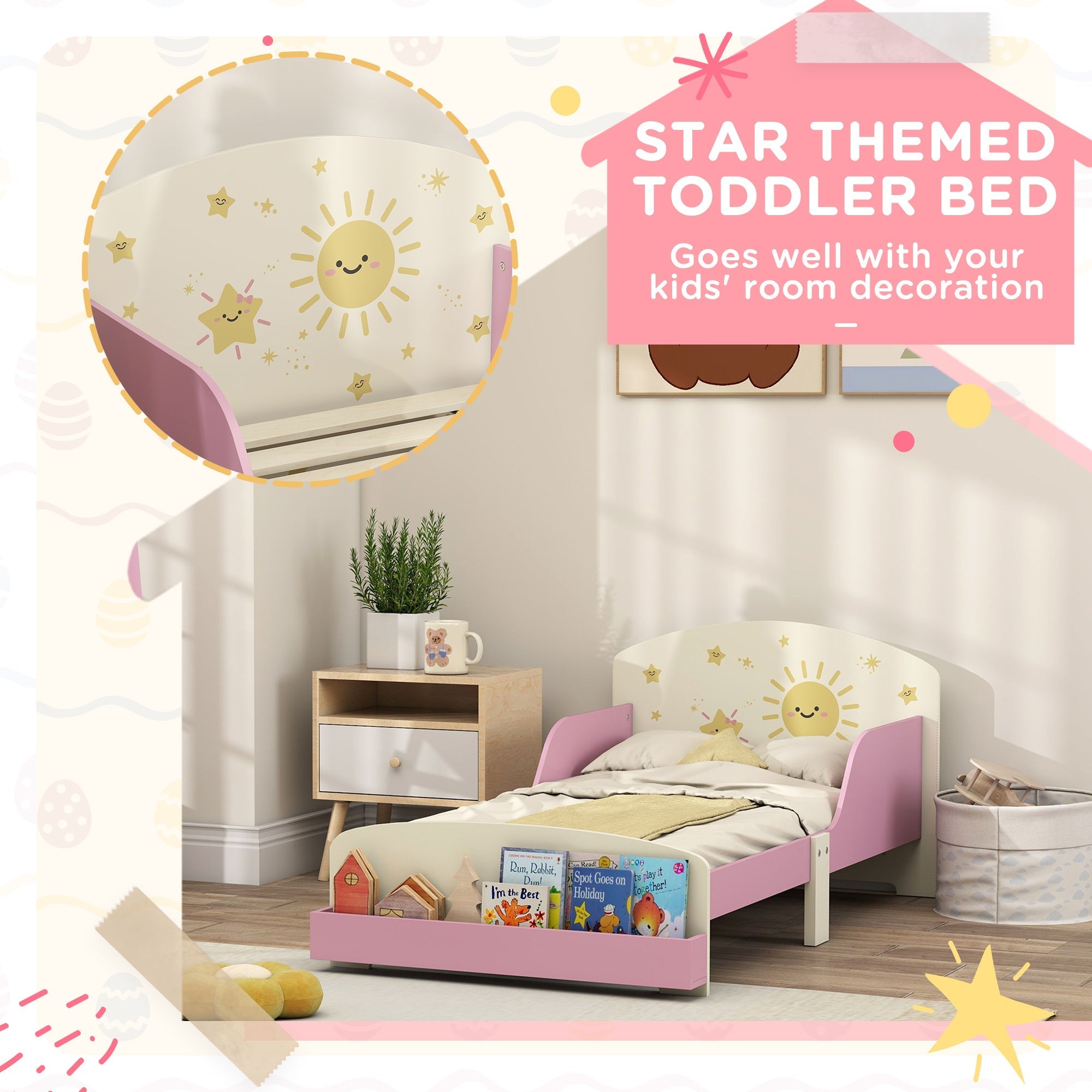 Pink star-themed aiyaplay toddler bed with sun design, guardrails, and storage drawer, fits 140 x 70cm mattress for ages 3-8 years