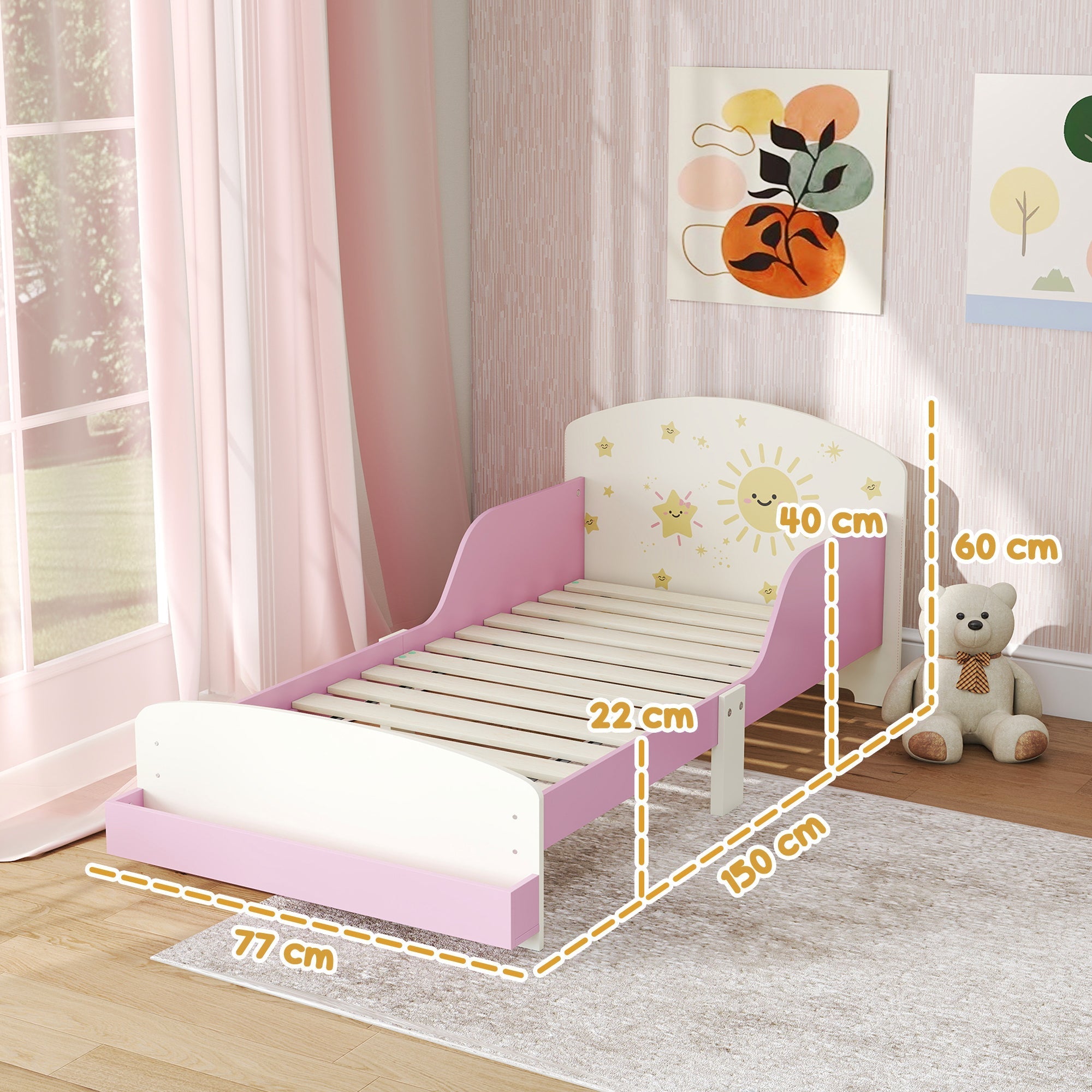 Pink and white aiyaplay toddler bed with sun and star design headboard and storage fits 140 x 70cm mattress for ages 3-8
