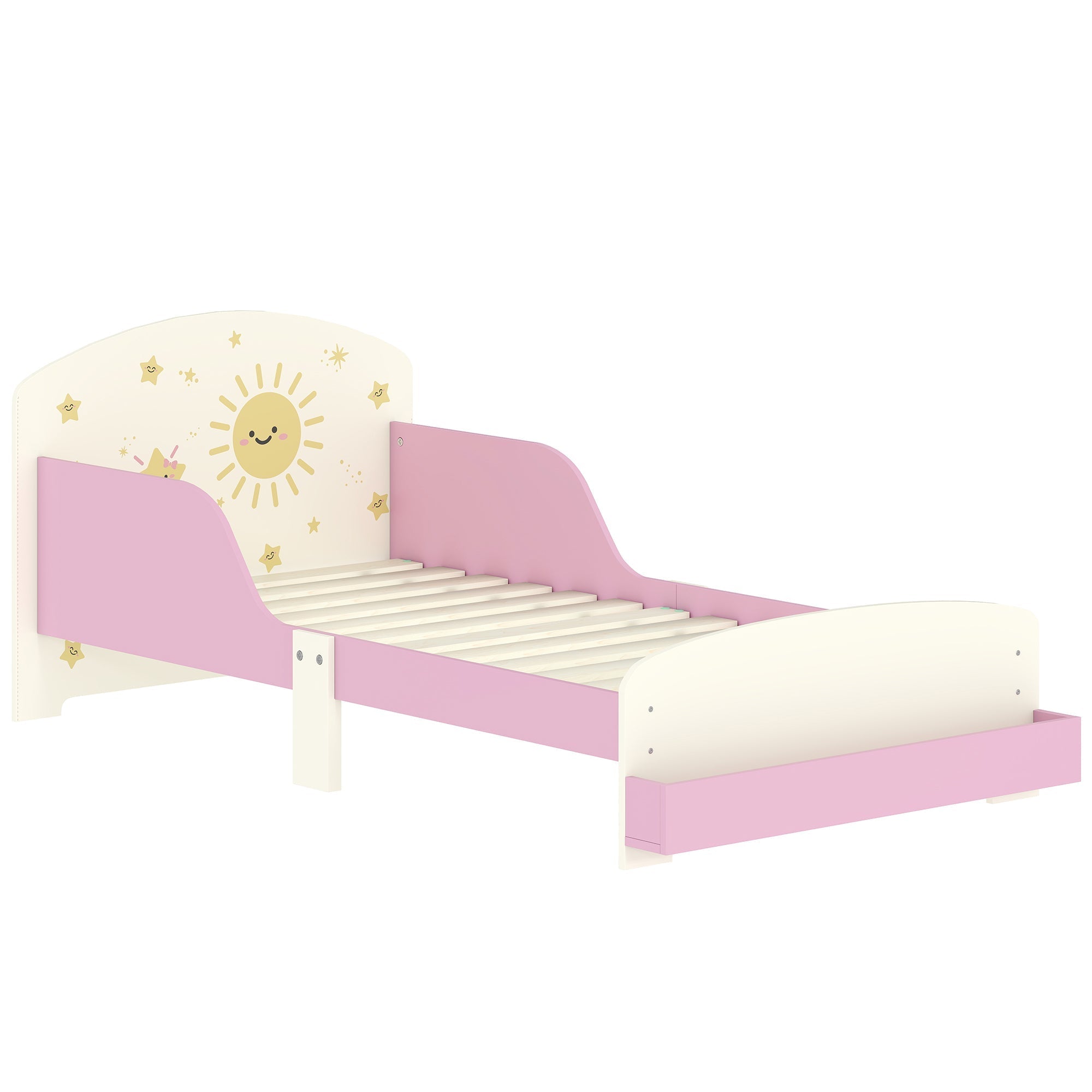 Pink and white aiyaplay toddler bed with guardrails and smiling sun design on headboard fits 140x70cm mattress