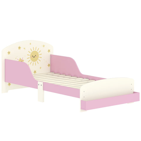 Pink and white aiyaplay toddler bed with guardrails and smiling sun design on headboard fits 140x70cm mattress