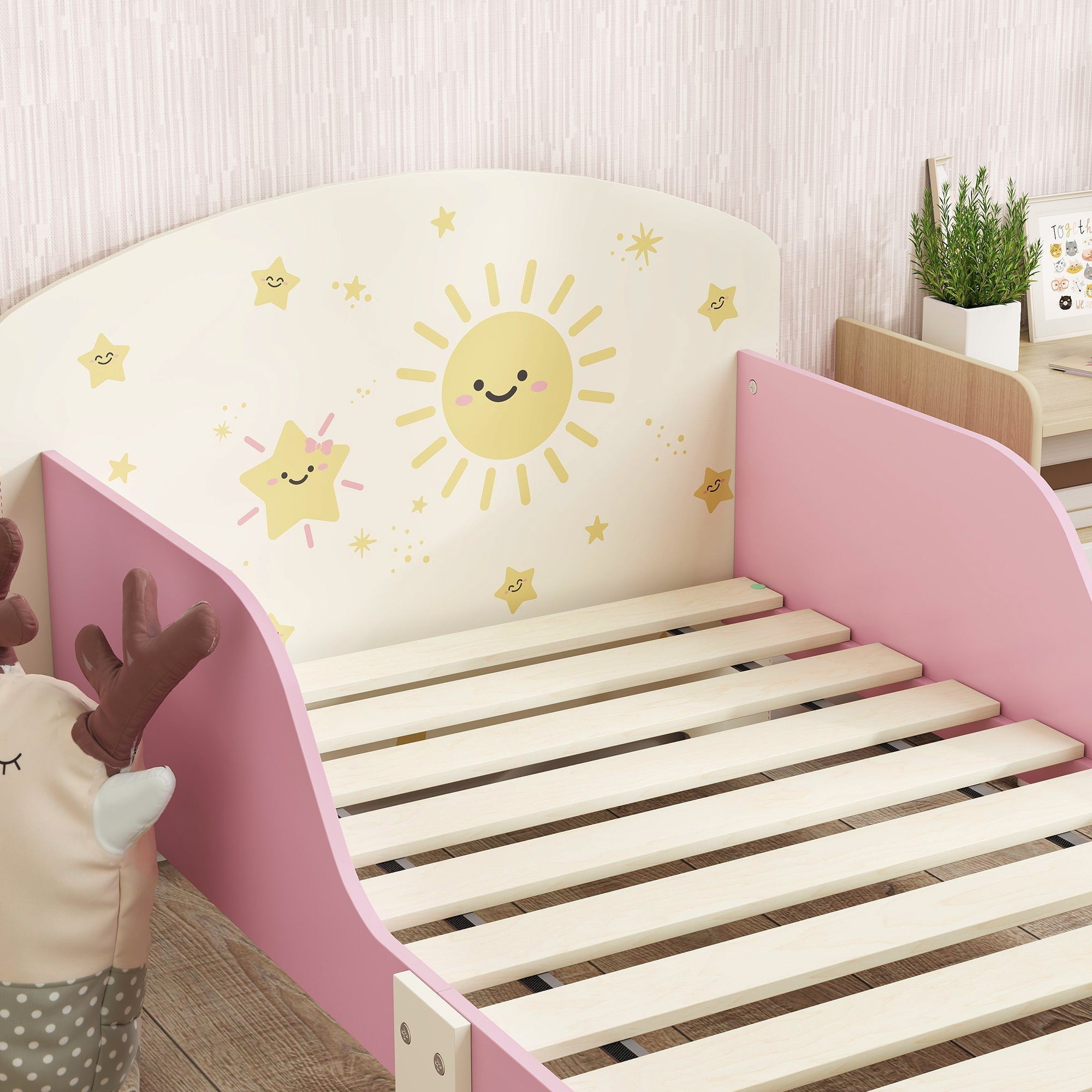 Pink aiyaplay toddler bed with white headboard sun and star decals storage guardrails fits 140 x 70cm mattress