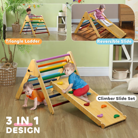 AIYAPLAY Toddler Climbing Frame for Kids, with Ramp, 3-in-1 Wooden Pikler Triangle Set for 18-48 Months, Multicolour