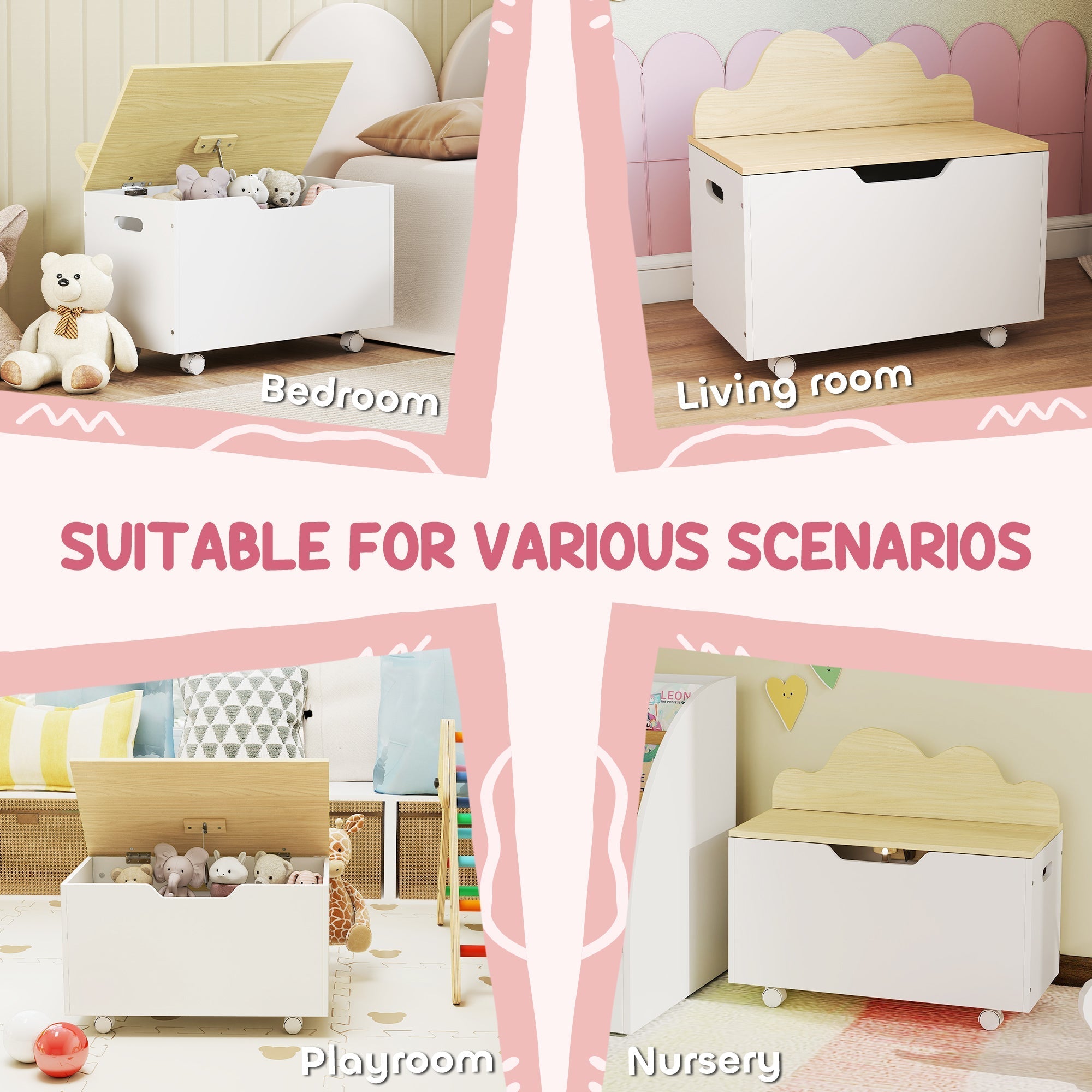 White aiyaplay toy box with a light wood cloud-shaped lid and wheels for bedroom and playroom storage