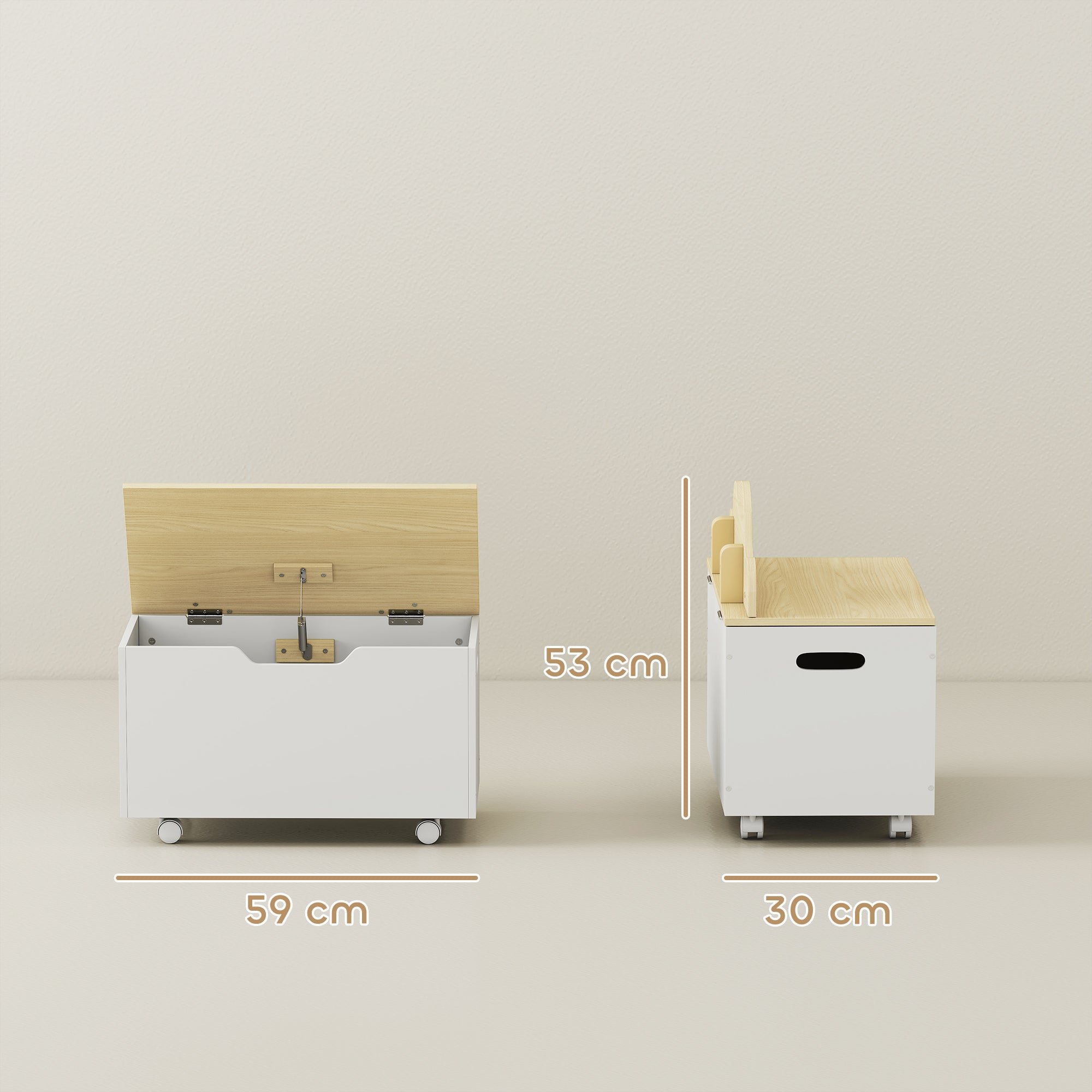 White aiyaplay toy box with light wood lid handles caster wheels and safety hinges for easy toddler storage and mobility