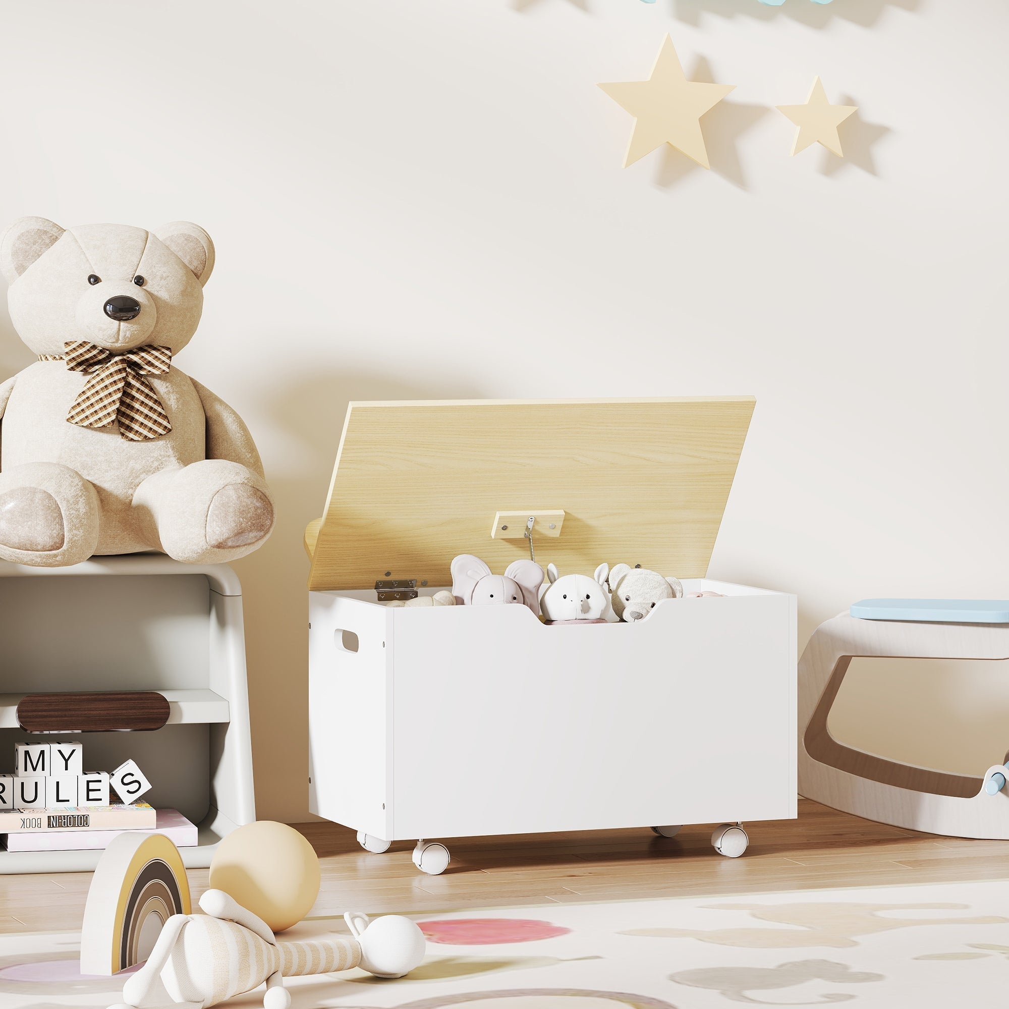White wooden aiyaplay toy box with light wood lid and small wheels for toddler storage and playroom organization