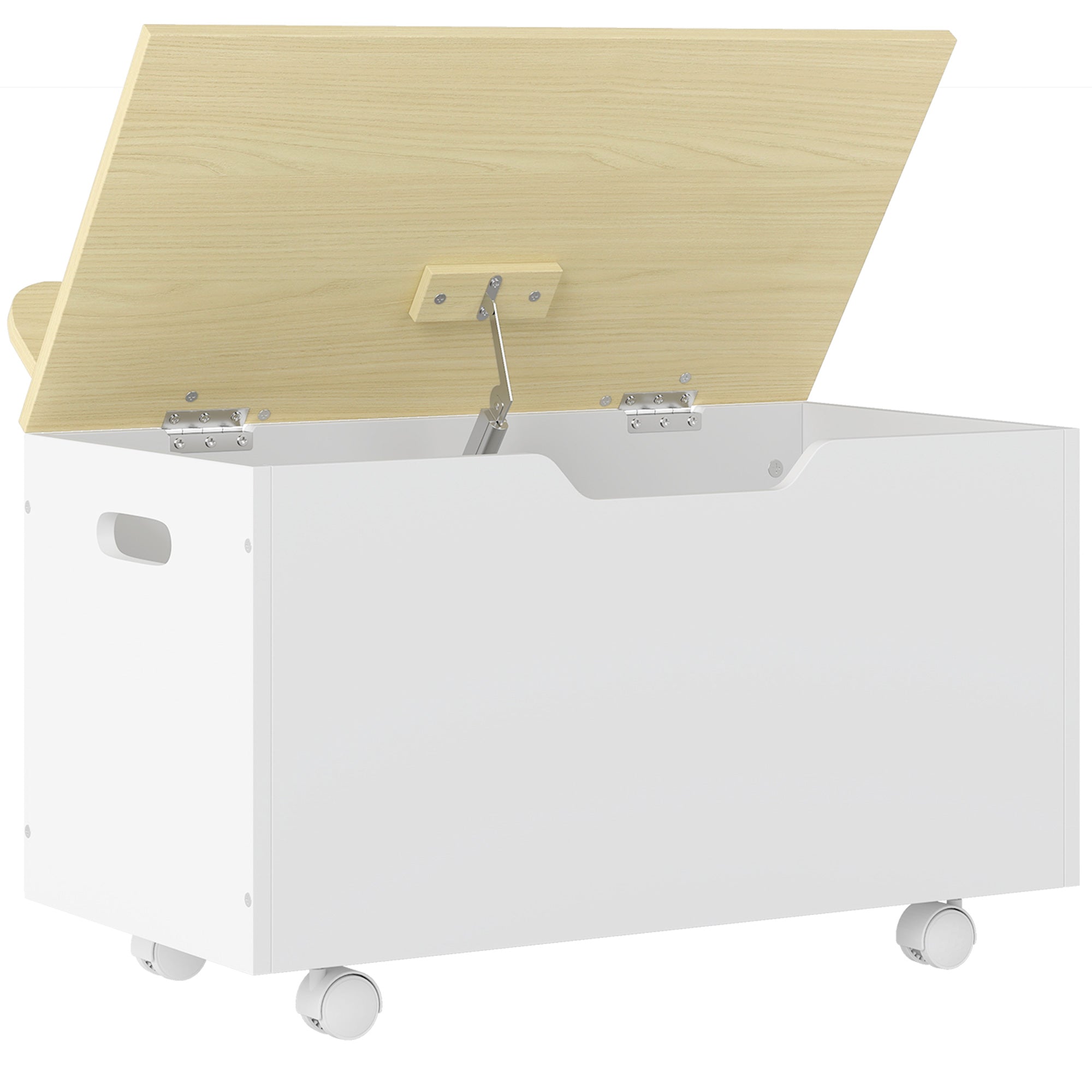 White aiyaplay toy box with light wood lid silver hinges and four caster wheels for toddler storage and playroom use