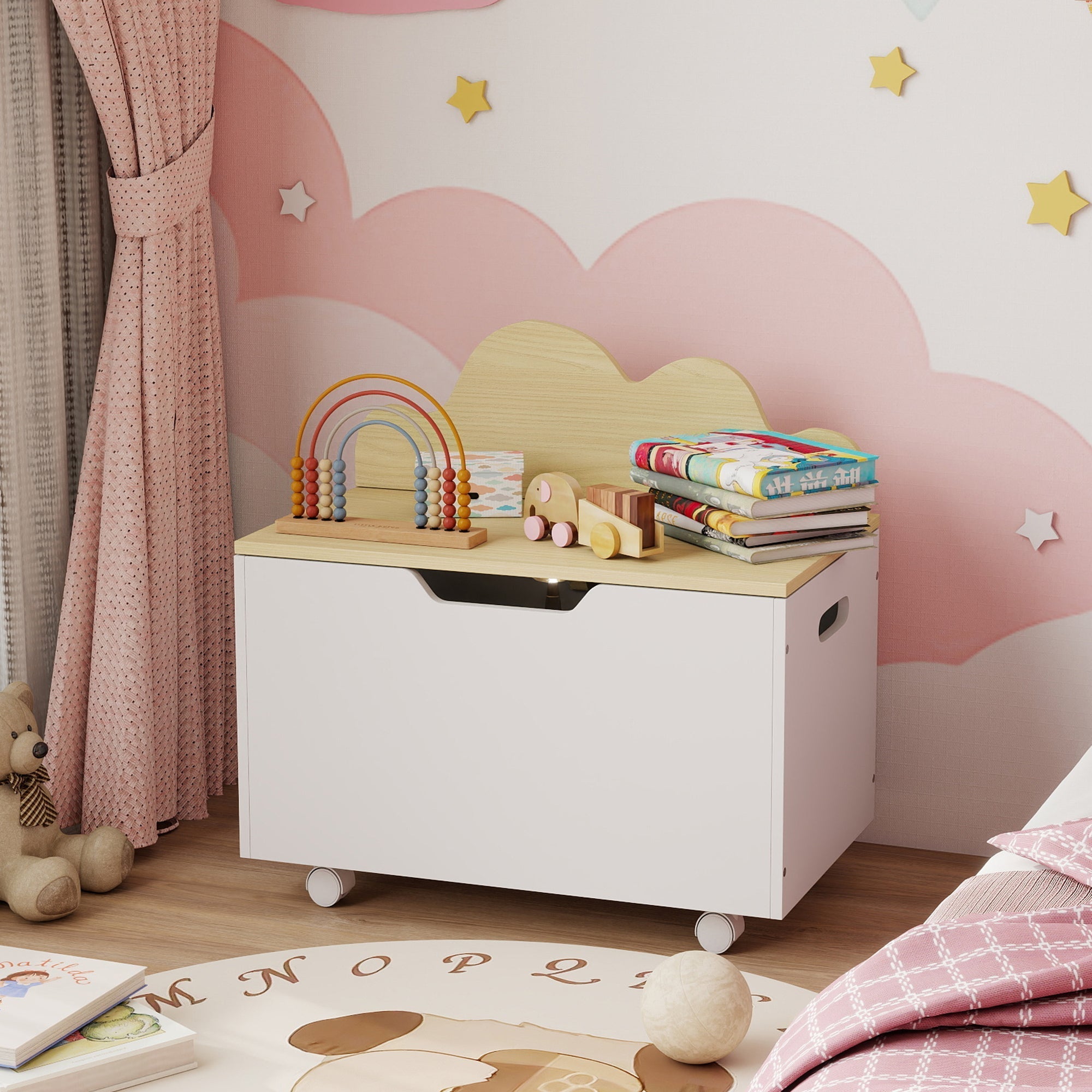 White wooden aiyaplay toy box with light wood lid, black handles, and wheels for easy toddler storage and playroom use