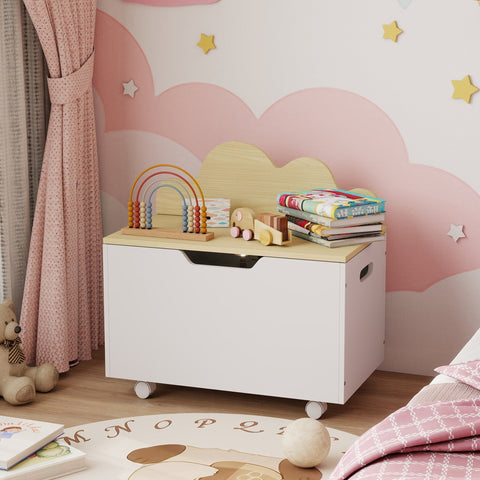 White wooden aiyaplay toy box with light wood lid, black handles, and wheels for easy toddler storage and playroom use