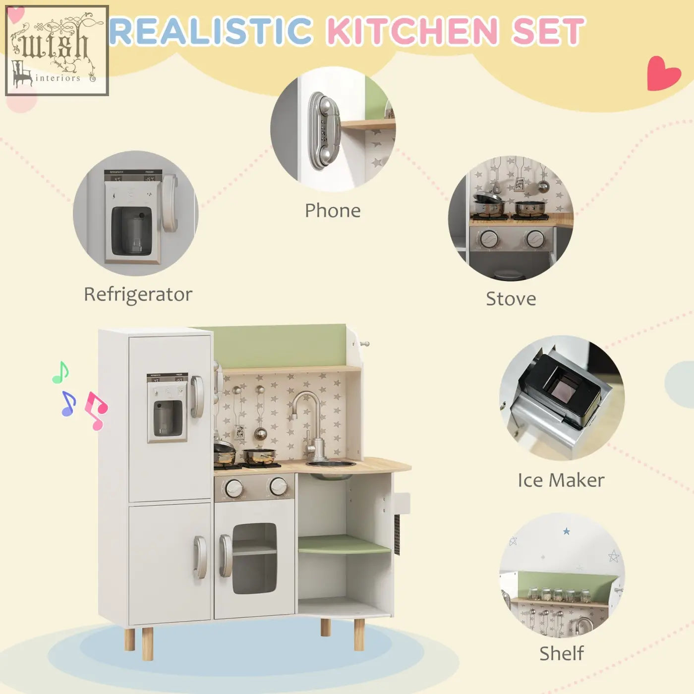 White wooden aiyaplay kids kitchen with light green accents, countertop sink, ice maker, stove, and utensils for kids play