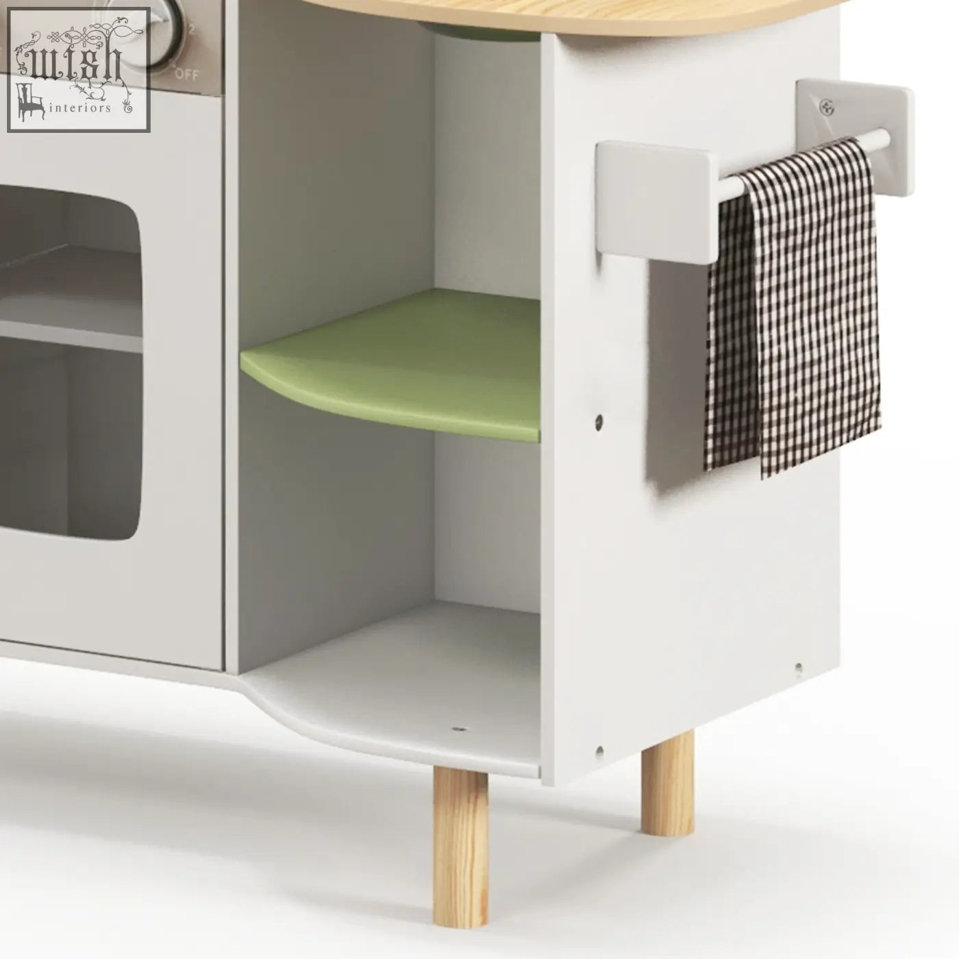 White wooden aiyaplay kids kitchen with light green shelf natural wood legs ice maker and stove for kids 3-6 years