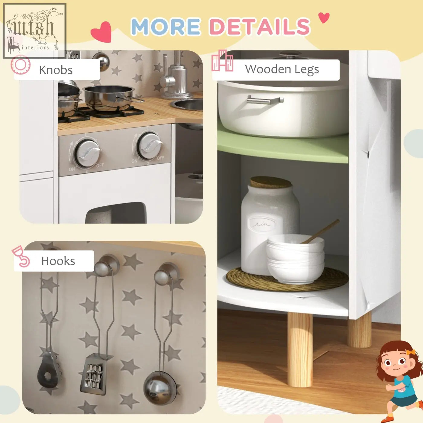 White wooden aiyaplay kids kitchen with light green shelf silver knobs ice maker and utensils for kids 3-6 years