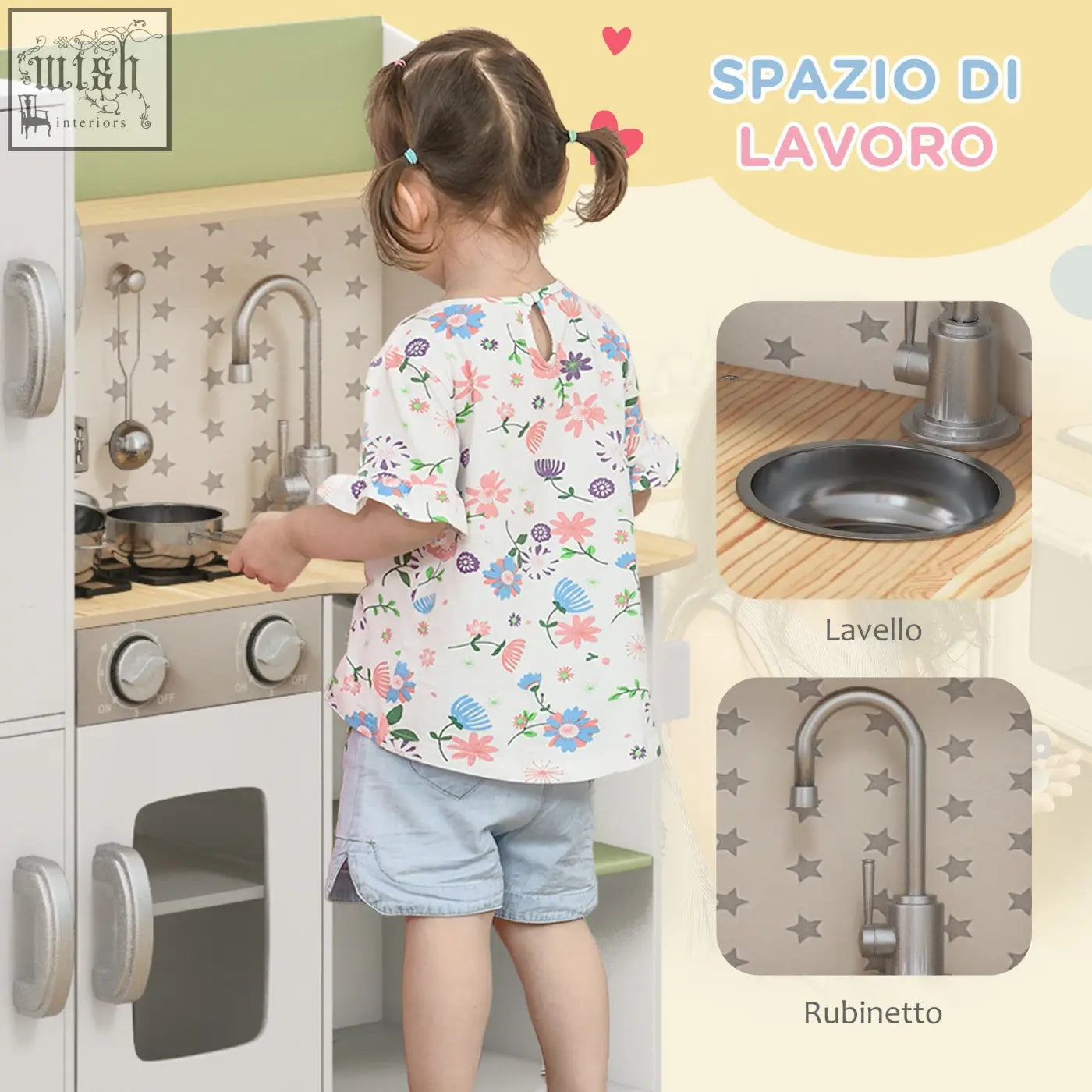 A child playing with aiyaplay kids kitchen in white featuring an ice maker stove utensils for ages 3-6 years