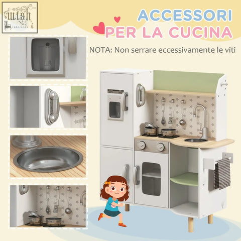 Aiyaplay kids kitchen white wooden toy kitchen set with stainless steel ice maker and green countertop for kids play