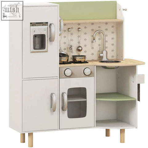Aiyaplay kids kitchen in white and light wood with stainless steel accents featuring an ice maker and stove for role play