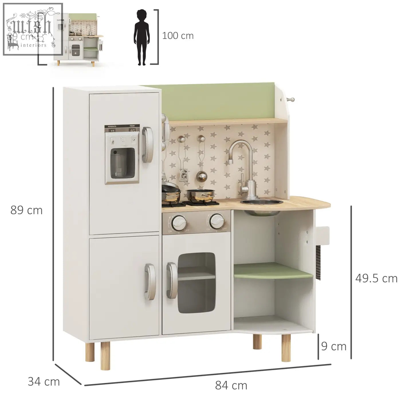 White and light green wooden aiyaplay kids kitchen with stainless steel accents featuring ice maker and stove for role play