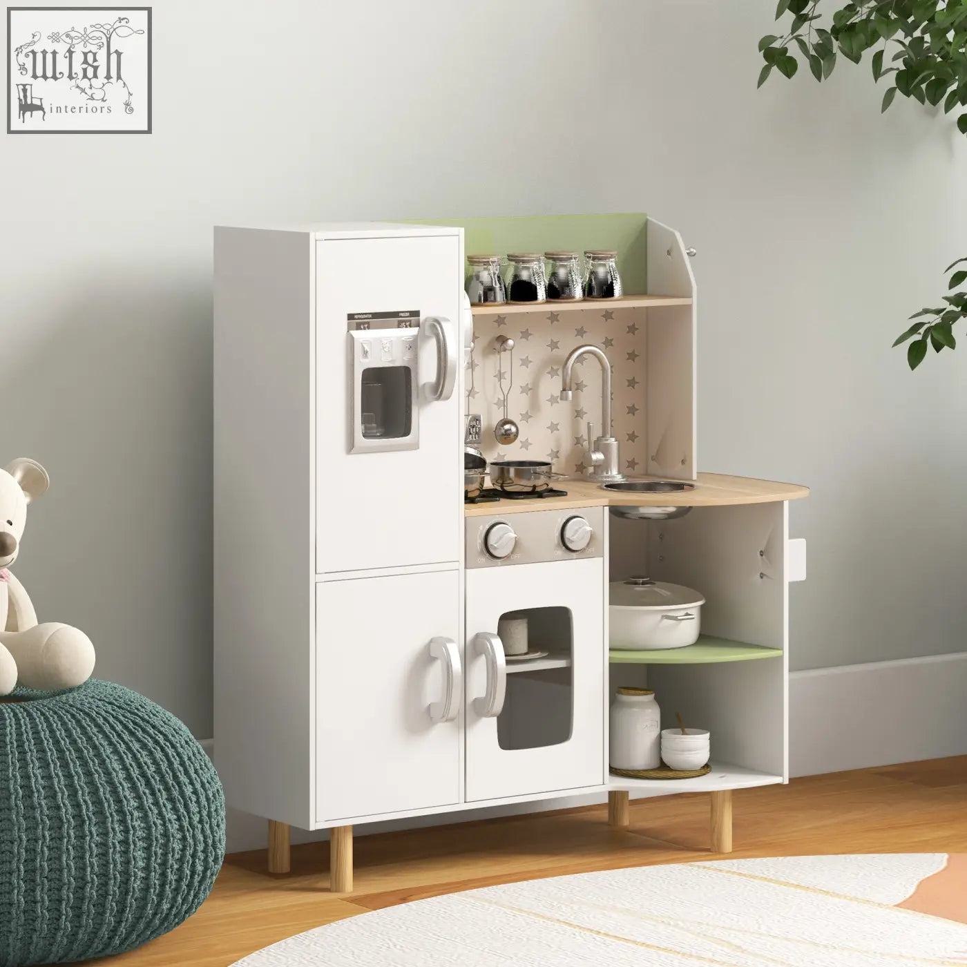 White wooden aiyaplay kids kitchen with green countertop ice maker stove and utensils for role playing fun