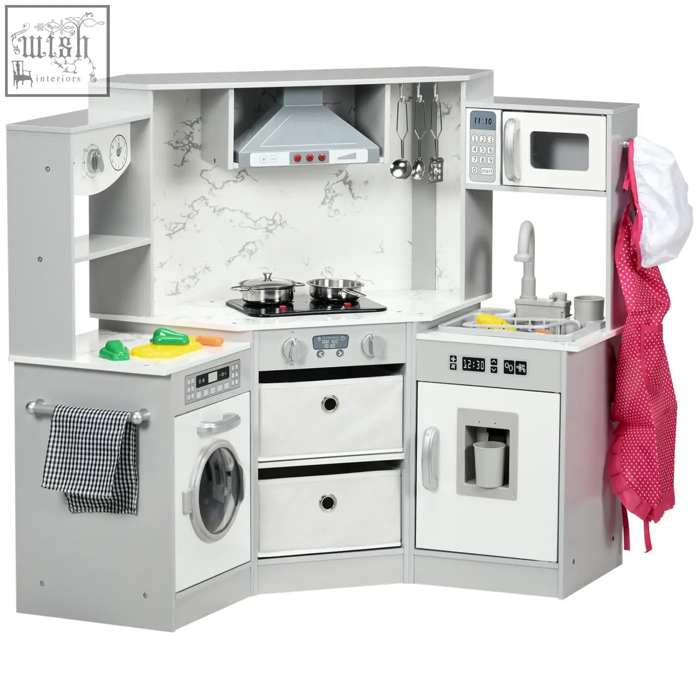 Gray wooden aiyaplay kitchen playset with white marble countertops water dispenser and red polka dot apron for kids