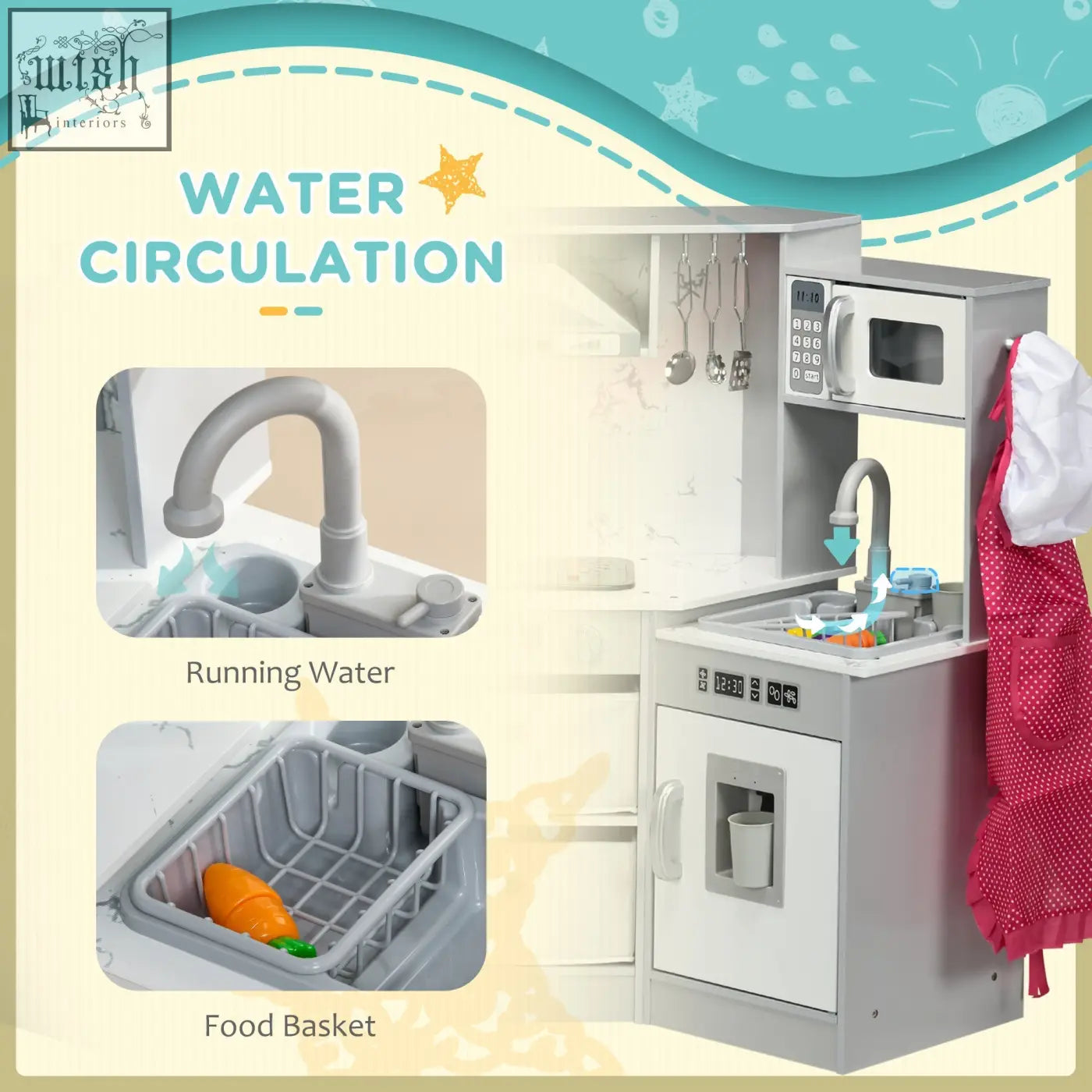 Gray and white aiyaplay toy kitchen playset with water dispenser, microwave, sink, dishwasher, and food basket for kids