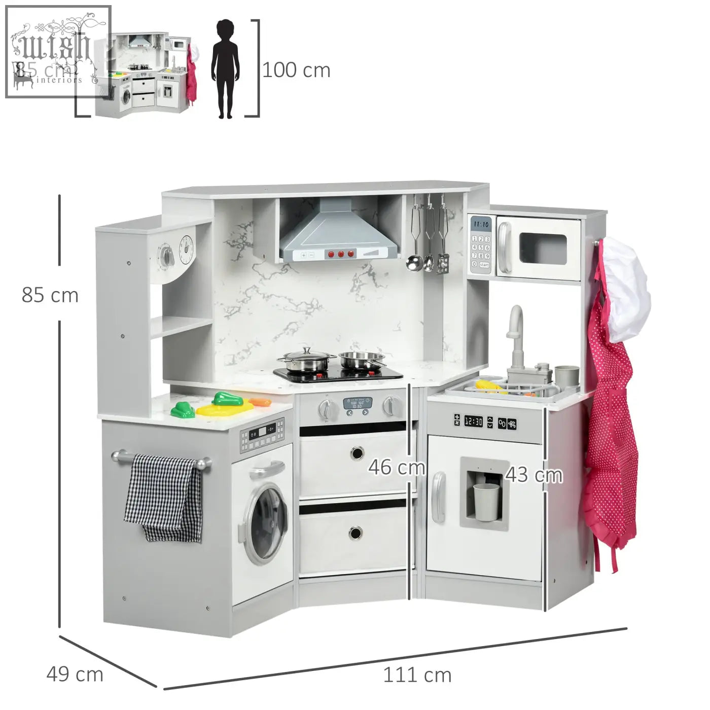 White wooden aiyaplay toy kitchen playset with gray marble backsplash water dispenser and faux washing machine for kids