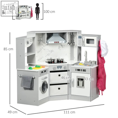 White wooden aiyaplay toy kitchen playset with gray marble backsplash water dispenser and faux washing machine for kids