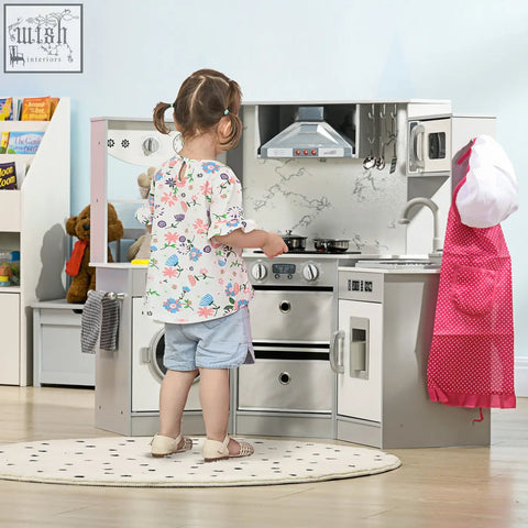 Aiyaplay toy kitchen playset in silver and white with water dispenser washing machine microwave oven and pink apron