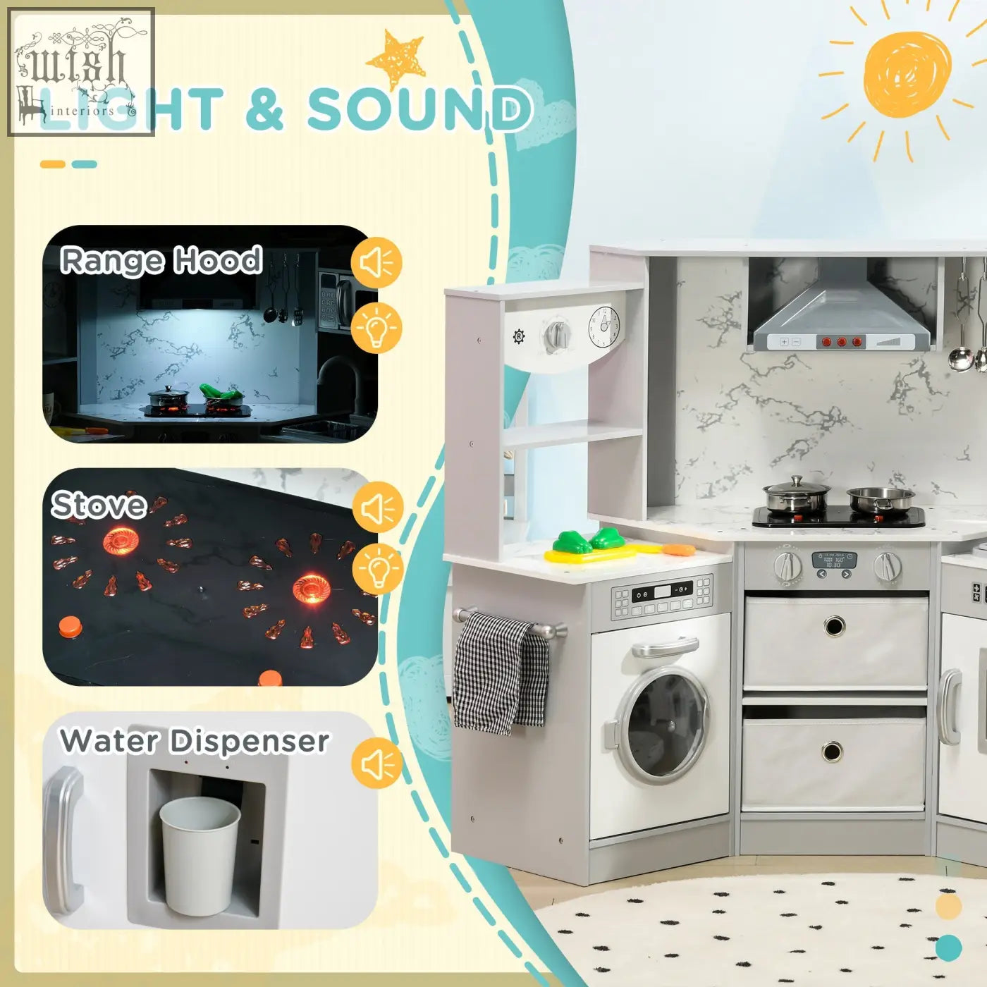Aiyaplay grey kids kitchen playset with light-up range hood sound stove and water dispenser for ages 3 to 6 years