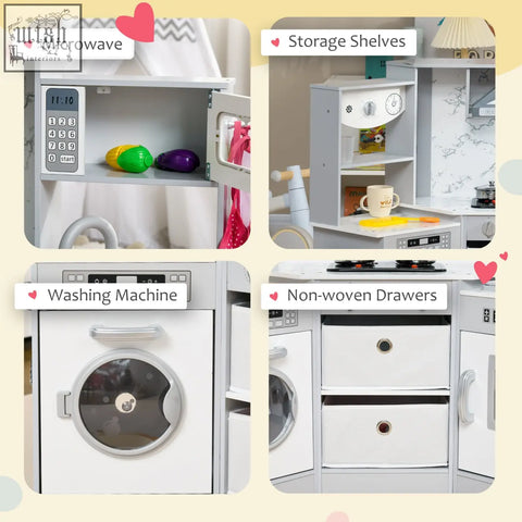 White plastic aiyaplay toy kitchen playset with washing machine water dispenser shelves and non woven drawers in grey
