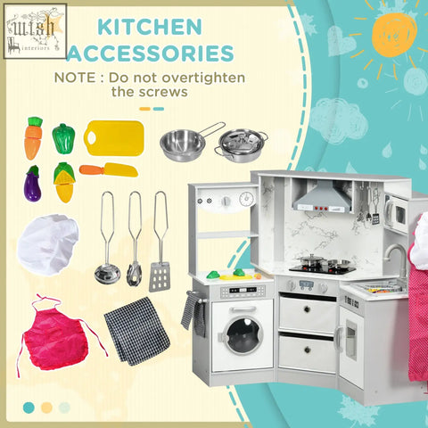 White plastic aiyaplay toy kitchen playset with stainless steel pots pans colorful veggies washing machine and water dispenser