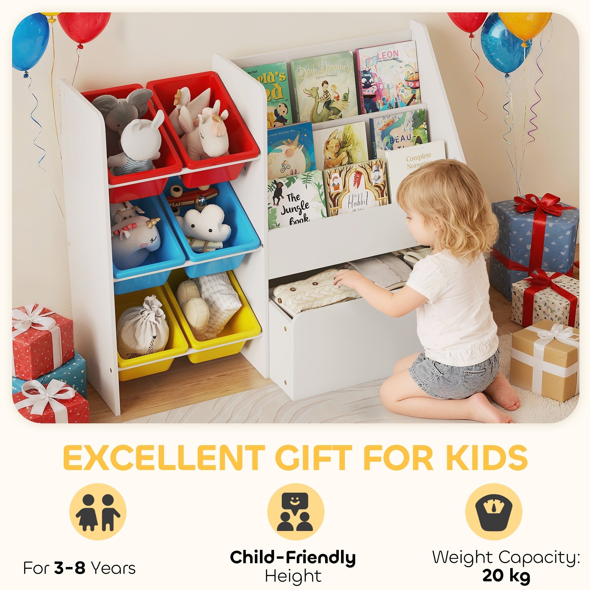 Aiyaplay kids storage shelf with 3 tiers, 6 colorful plastic bins, white frame, and built-in drawer for toys and books
