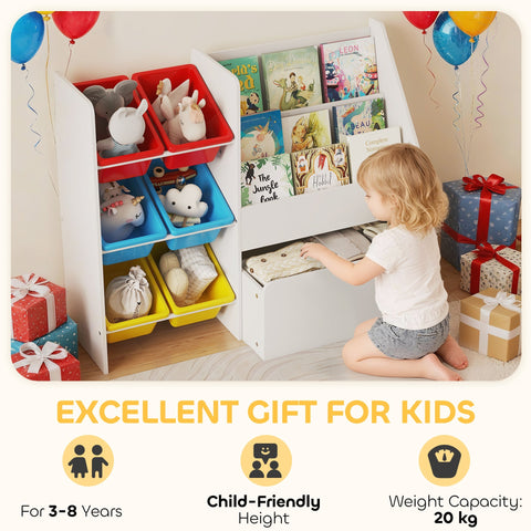 Aiyaplay kids storage shelf with 3 tiers, 6 colorful plastic bins, white frame, and built-in drawer for toys and books