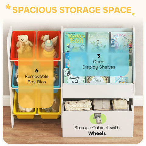 White plastic kids storage shelf with colorful removable bins and open shelves for bedroom and nursery organization