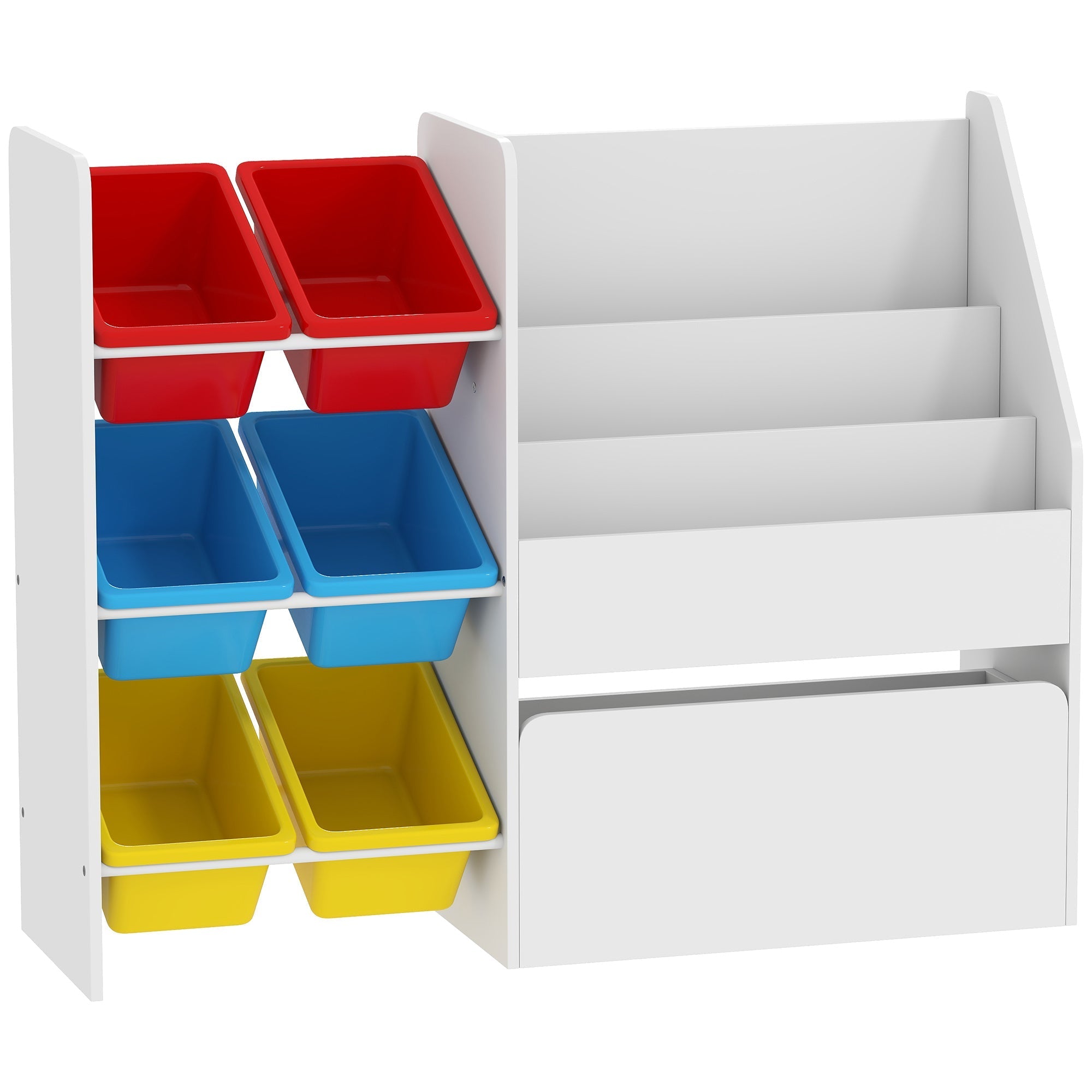 White aiyaplay kids storage shelf with 3 tiers and 6 multicolored plastic bins for bedroom and nursery storage