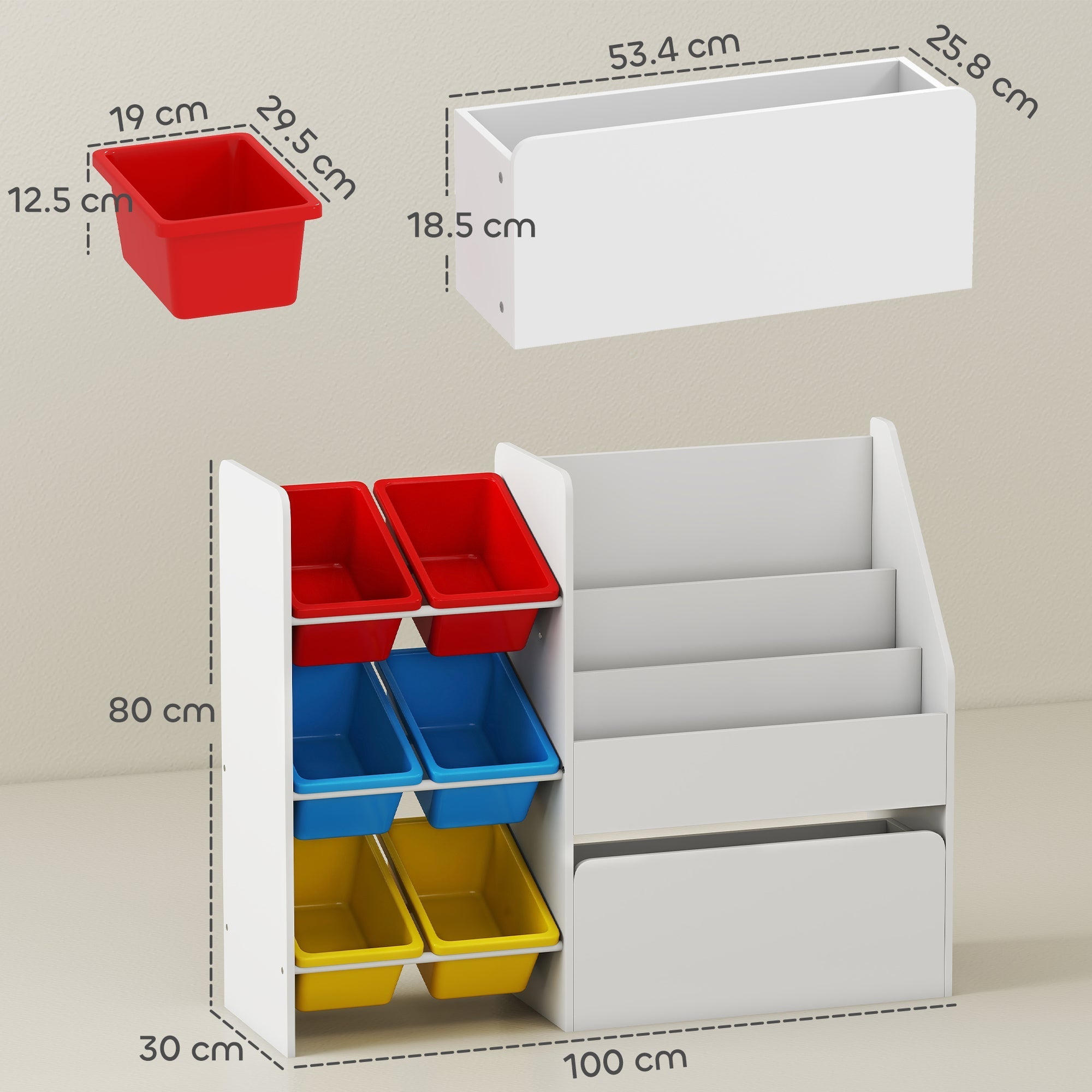 Aiyaplay 3-tier white plastic kids storage shelf with 6 removable red blue and yellow bins for bedroom or nursery
