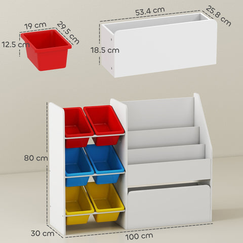 Aiyaplay 3-tier white plastic kids storage shelf with 6 removable red blue and yellow bins for bedroom or nursery