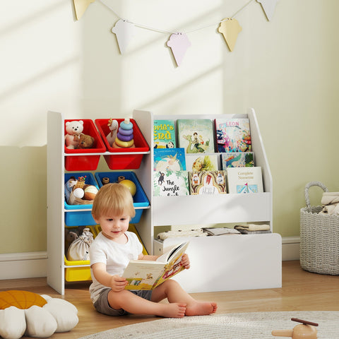 White wooden kids storage shelf with colorful plastic bins and open shelves for bedroom or nursery organization