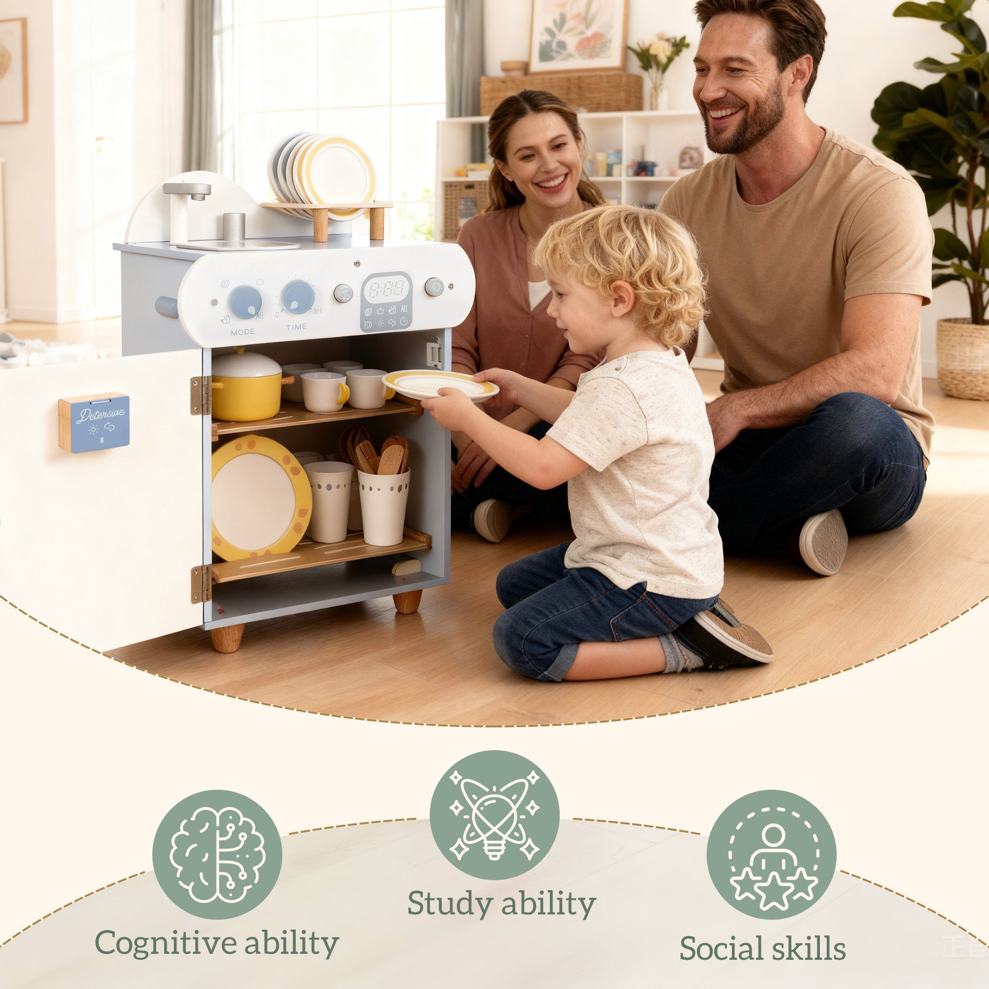 White and gray wooden dishwasher playset with yellow ceramic dishes cups and utensils for kids by AIYAPLAY